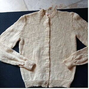 Hand Knitted Cardigan Sweater One Of A Kind Pale Yellow - Vintage Wool M